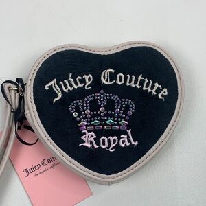 Juicy Couture Black Heart Pouch Wristlet Crown Embellishment Zip around New NWT